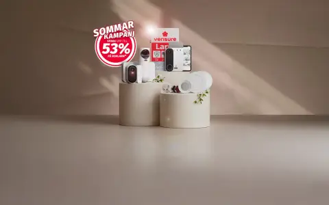 Sommarkampanj med upp till 53% rabatt på hemlarm. Verisure Z-Wave-produkter visas upp.