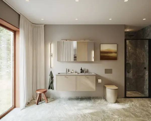 Modernt badrum med dubbla handfat, beige kommod och dusch. Perfekt badrum inspiration för ett stilrent hem.