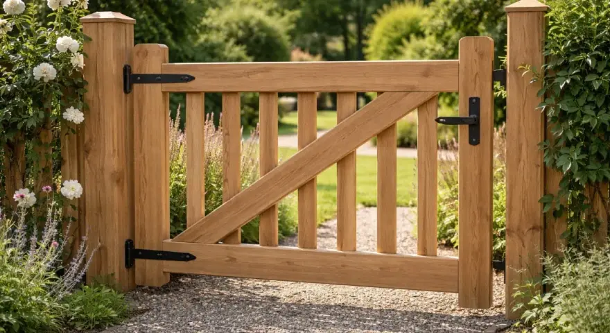 En vacker trägrind, perfekt för att bygga in din trädgård. Den har en robust design med svarta gångjärn och handtag.