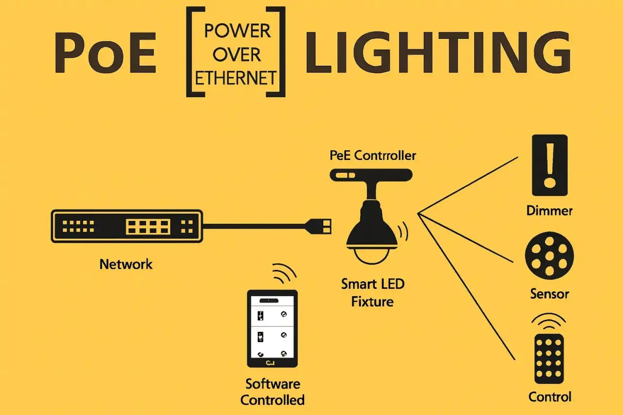 Schema f&ouml;r power over ethernet-belysning: n&auml;tverk, PoE-kontroller, smart LED-armatur, dimmer, sensor och mjukvarustyrning.