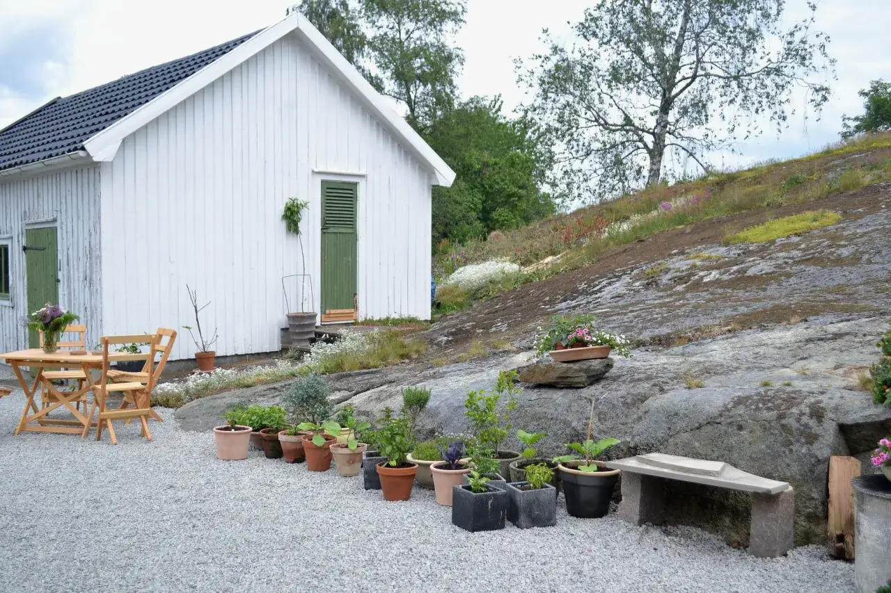 Vitt hus med gr&ouml;na detaljer och ett bord med stolar. Grus eller plattor runt huset, med m&aring;nga krukor med v&auml;xter.
