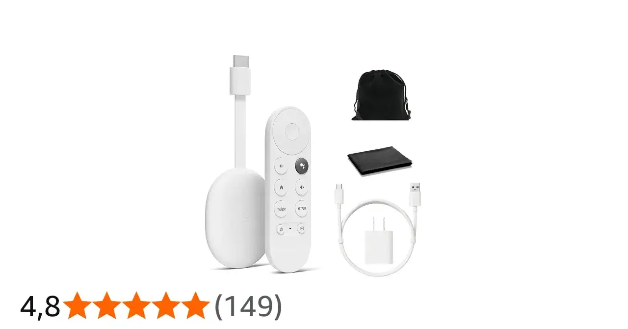 Vit Chromecast med HDMI-fjärrkontroll, laddningskabel, adapter, tygpåse och rengöringsduk.