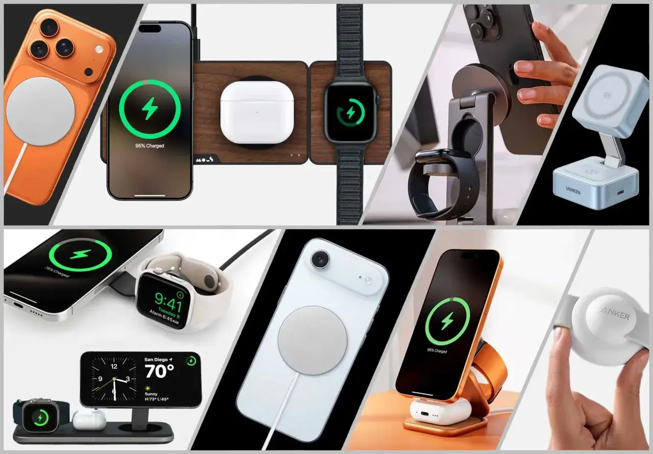 Olika Apple-produkter och tillbehör laddas trådlöst. Här visas vad som menas med MagSafe: magnetisk laddning för iPhone, Apple Watch och AirPods.