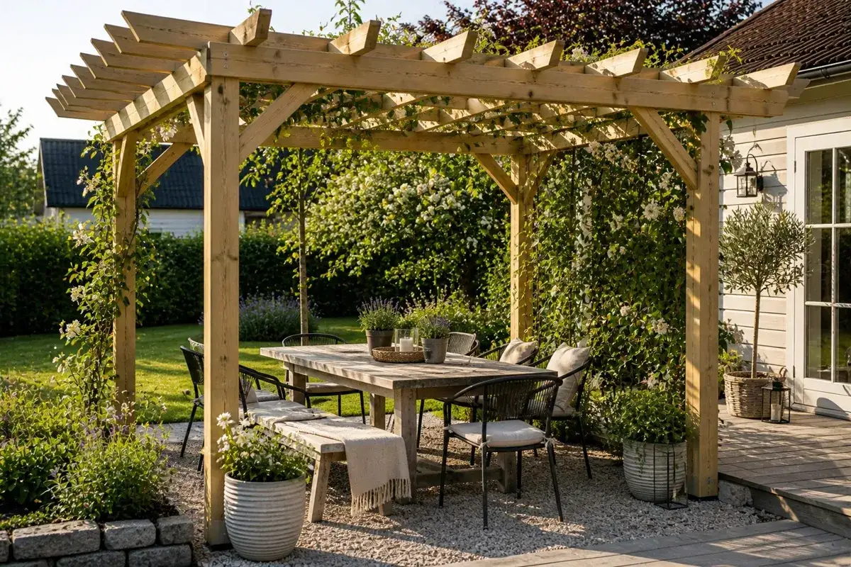 En vacker tr&auml;pergola med matbord och stolar, perfekt f&ouml;r sommarm&aring;ltider. T&auml;nk vad enkelt det vore med pergola bygglov f&ouml;r en s&aring;dan h&auml;rlig uteplats.
