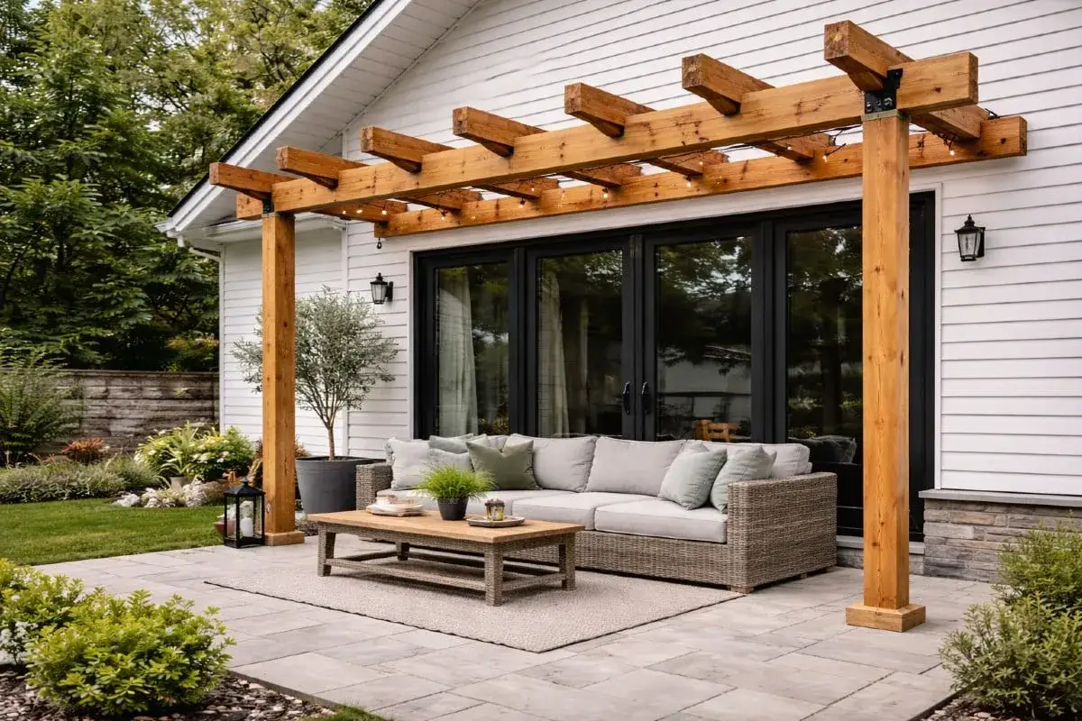 En mysig uteplats med soffa och bord under en tr&auml;pergola. Perfekt f&ouml;r sommarkv&auml;llar, och kanske beh&ouml;ver du pergola bygglov f&ouml;r din egen dr&ouml;m.