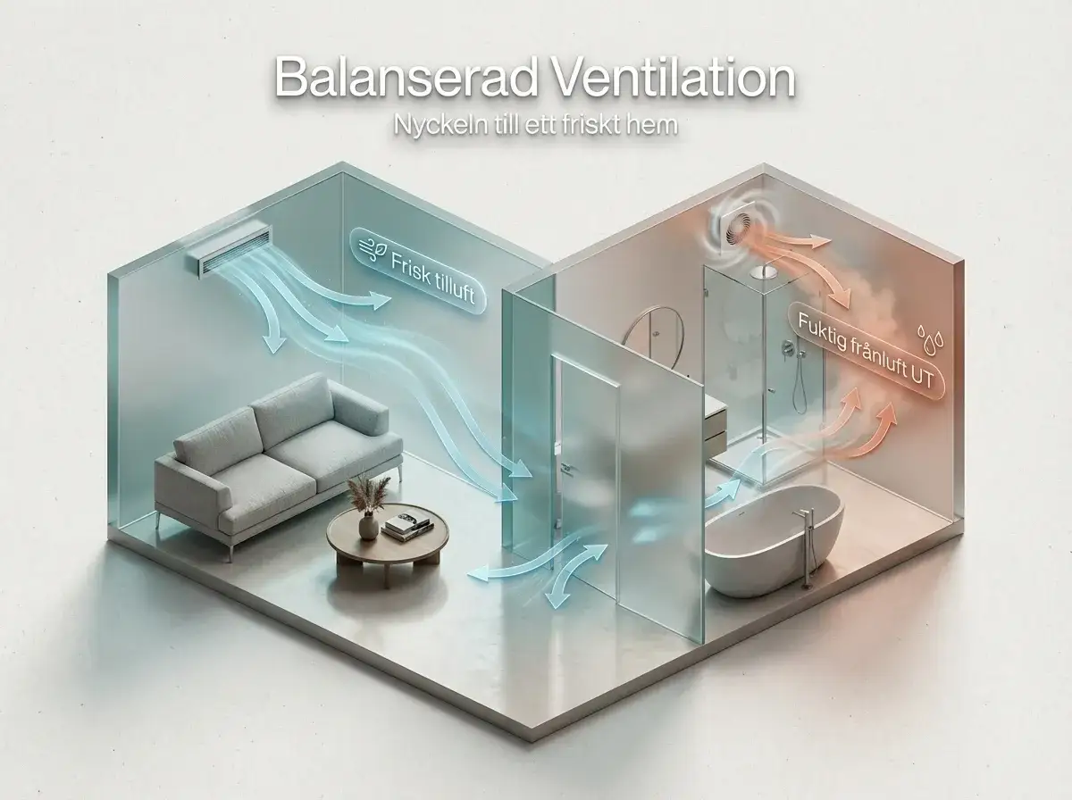 Illustration av ett balanserat ventilationssystem i ett hus. Frisk luft tillförs till vardagsrummet, medan fuktig luft ventileras ut från badrummet.