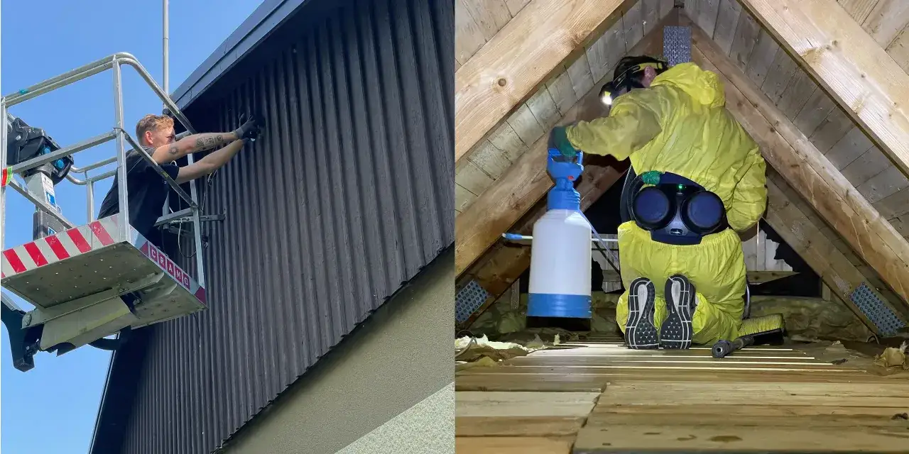 Person i lift monterar utomhusdel, medan annan person i skyddsdr&auml;kt utf&ouml;r arbete p&aring; vind f&ouml;r ventilation friggebod.