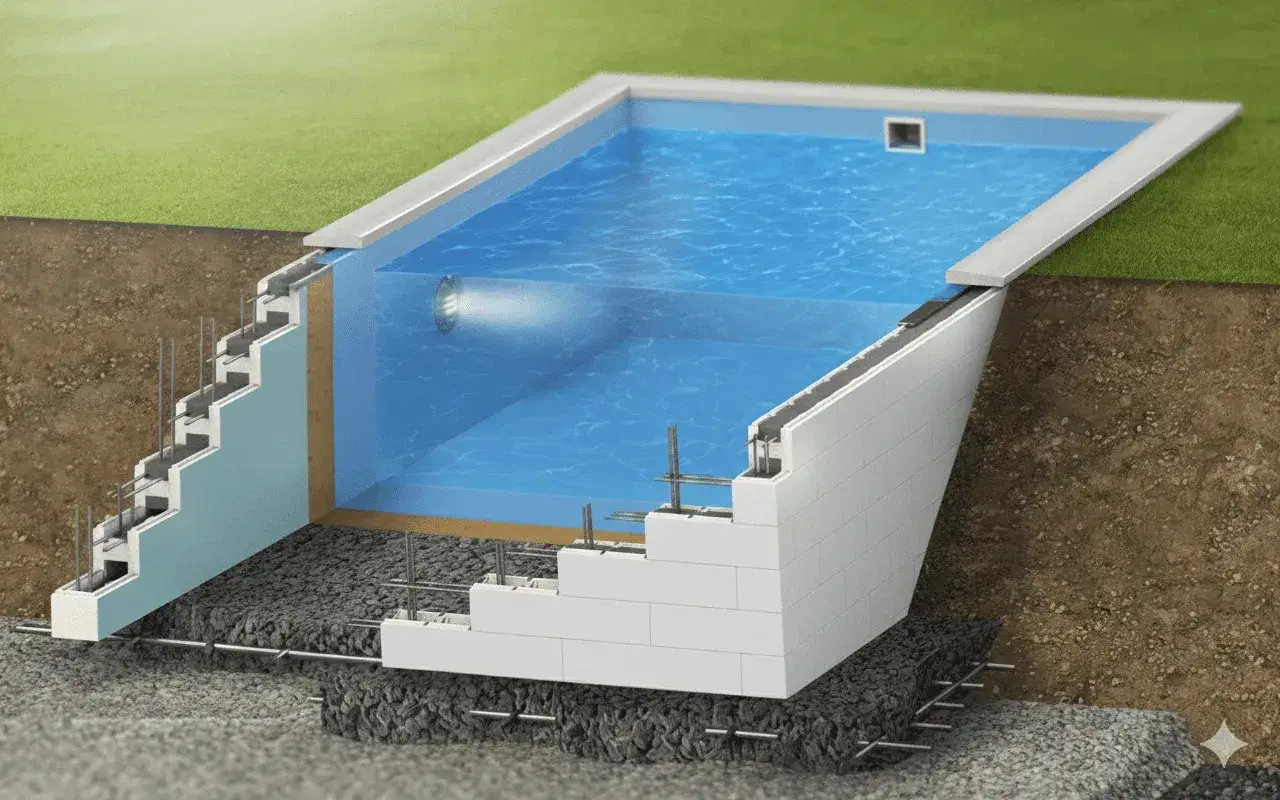 Detaljerad vy av en poolkonstruktion med cellplast som isolering under poolen och längs väggarna.
